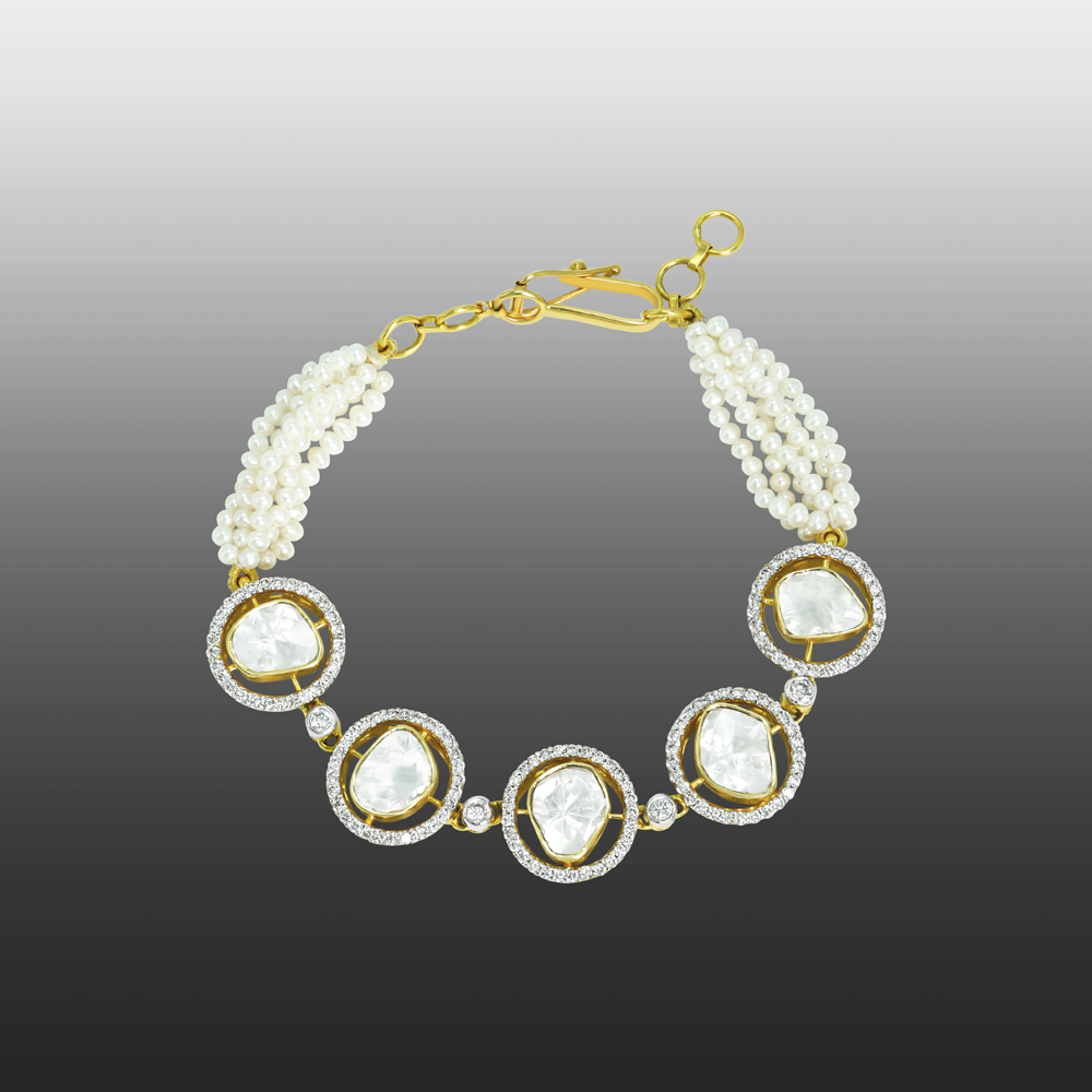 Polki Bracelet with Diamond Halos and Pearl Strands